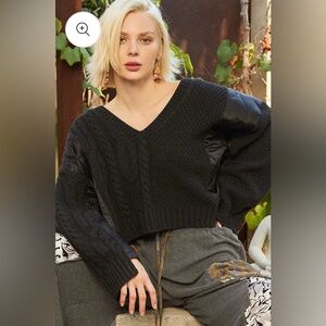 NWOT Womens POL Cable Knit Quilting Patch V-Neck Sweater